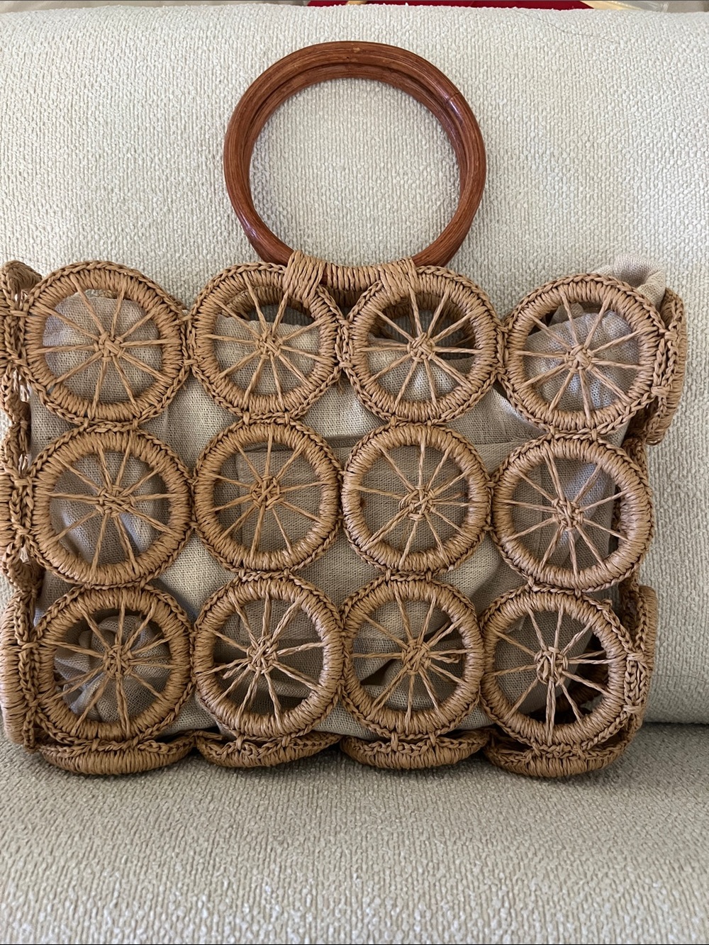 Woven Rattan Circle-Detail Handbag in Natural Brown